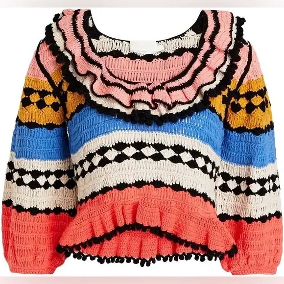 NWT ZIMMERMANN Ruffled crocheted cotton sweater Multicolor US SZ 2P - Picture 1 of 11